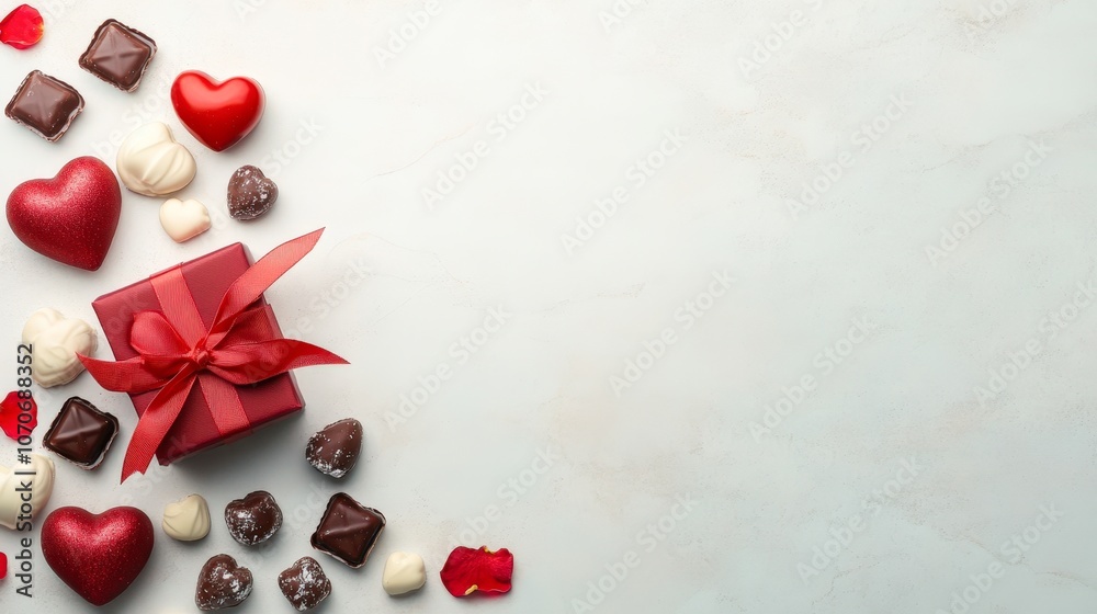 A beautifully arranged gift box with a red ribbon is surrounded by heart-shaped chocolates and rose petals, ideal for celebrating love, Valentine's Day, or special occasions A beautifully arranged gift box with a red ribbon is surrounded by heart-shaped chocolates and rose petals, ideal for celebrating love, Valentine's Day, or special occasions