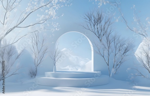 White Winter Scene with Snowy Branches and a Circular Platform