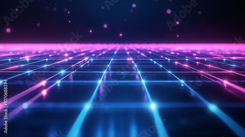 Neon glowing grid floor with pink and blue lights