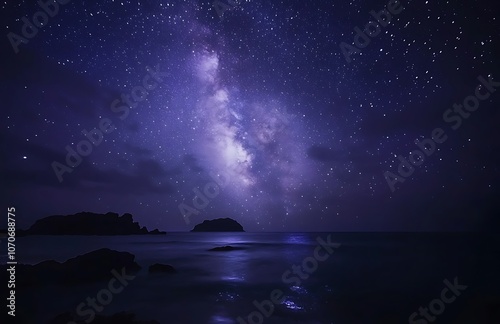 Obraz na płótnie Star trails swirl over a tranquil ocean under a clear night sky, capturing the beauty of the Milky Way at a remote coastal location w salonie