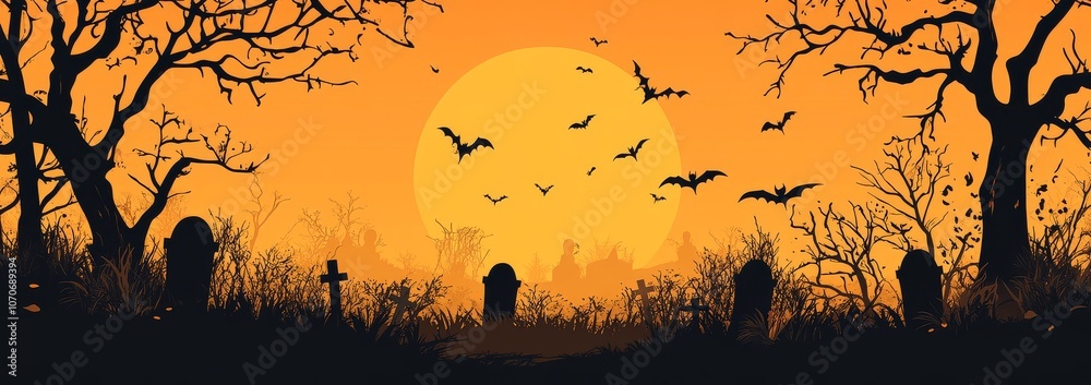Halloween graveyard background with trees and tombstone silhouettes, vector illustration on an orange background. Halloween graveyard background with trees and tombstone silhouettes, vector illustration on an orange background.