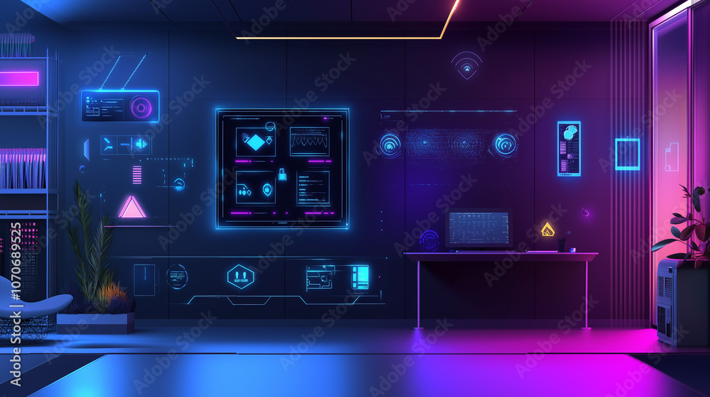 High-Tech Smart Home at Night with Glowing AI Control Panels, Wireframe Neon Connections, Aerial View of Connected Devices & Futuristic Gadgets High-Tech Smart Home at Night with Glowing AI Control Panels, Wireframe Neon Connections, Aerial View of Connected Devices & Futuristic Gadgets