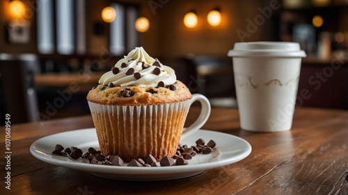 A delicious cupcake with chocolate chips beside a coffee cup on a wooden table.