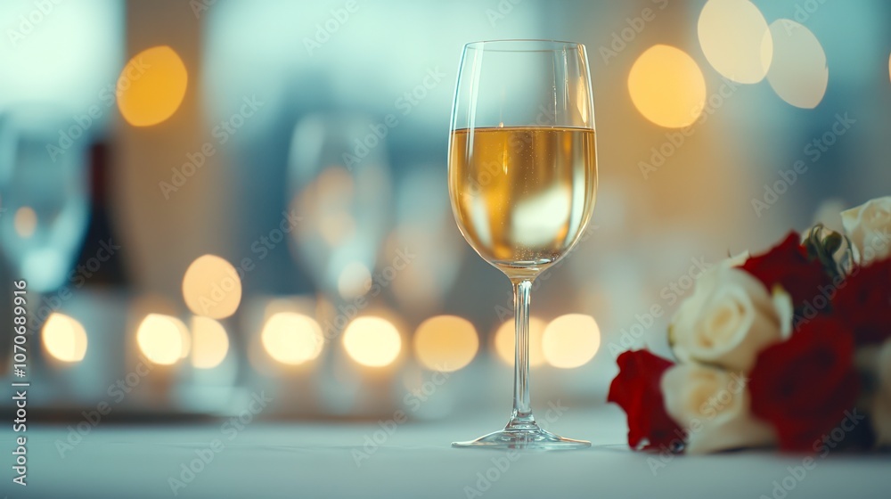A beautifully arranged table setting featuring a wine glass filled with sparkling wine, softly illuminated by candlelight, ideal for romantic occasions, celebrations, or upscale dining promotions, A beautifully arranged table setting featuring a wine glass filled with sparkling wine, softly illuminated by candlelight, ideal for romantic occasions, celebrations, or upscale dining promotions,