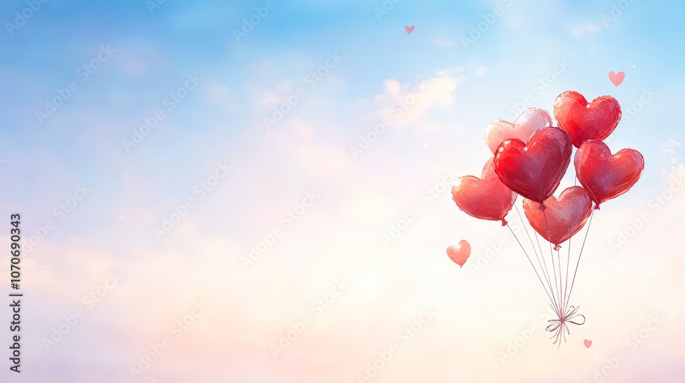 Fototapeta premium A collection of vibrant heart-shaped balloons floating against a soft blue sky, creating a romantic and uplifting atmosphere ideal for love-themed projects, greeting cards, or celebrations,