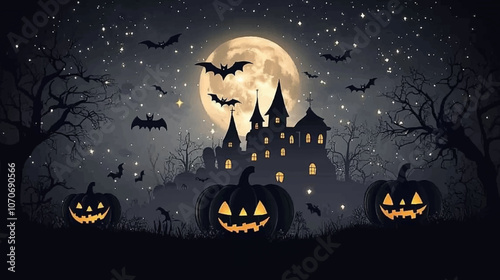 Halloween background. Horror house. Spooky haunted lanterns, scary moon on jack castle. Autumn pumpkin silhouette. Witch on broom. Poster or banner. Party invitation. Vector cartoon concept.