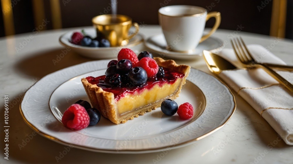 A slice of tart topped with berries, served with a cup of coffee on an elegant table setting. A slice of tart topped with berries, served with a cup of coffee on an elegant table setting.