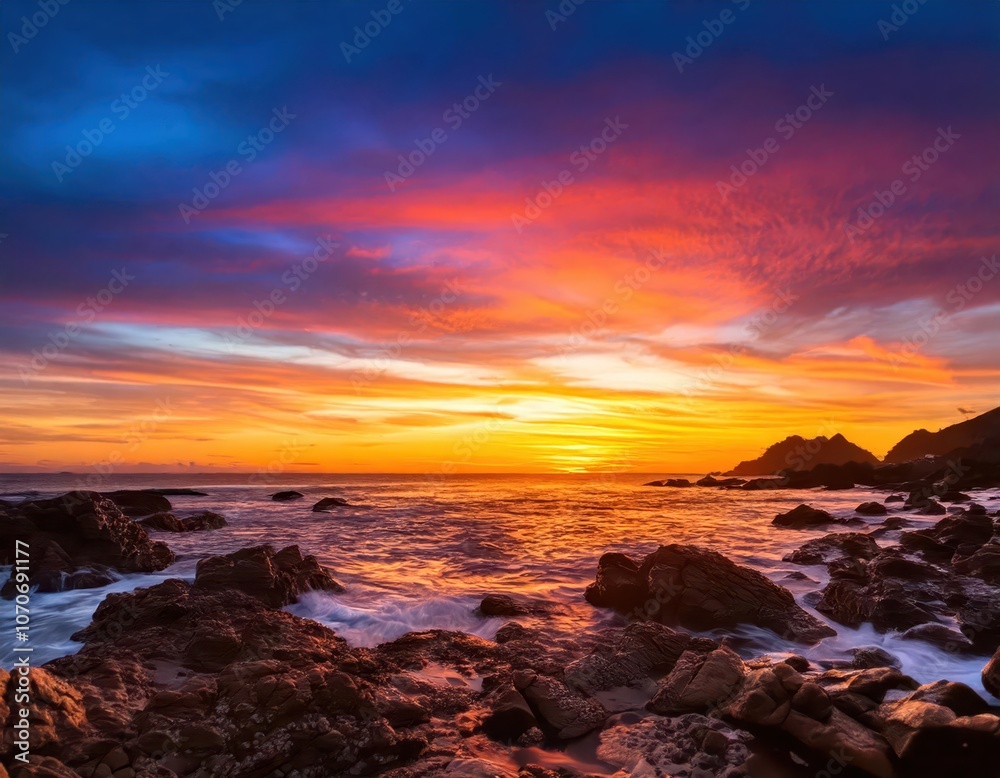 dramatic sunset over the ocean with scenic blue sky and clouds beach sunrise background dramatic sunset over the ocean with scenic blue sky and clouds beach sunrise background