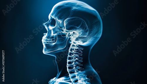 Skull is shown in a blue and black color scheme. The skull is shown in a medical setting, possibly a hospital or a clinic. The skull is surrounded by a blue and black background