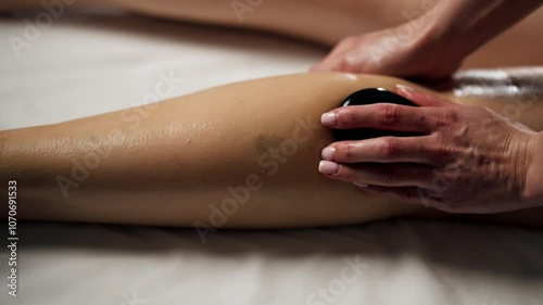 Wallpaper Mural close up in a massage parlor on a massage table a girl with bare legs massage with black stones massage of the calf muscle Torontodigital.ca