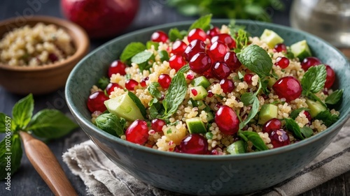 A vibrant salad featuring couscous, pomegranate, cucumber, and mint.