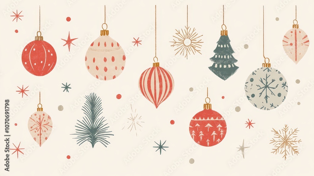 A background with elegant minimal illustrations of classic Christmas ornaments such as baubles and tinsel in subtle festive colors
