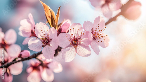 macro shot of delicate cherry blossoms in light pink hues, showcasing their intricate petals and vibrant stamens, evokes sense of spring beauty and renewal