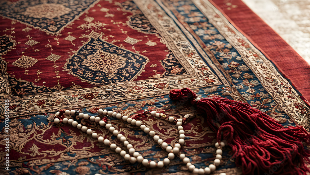 Prayer rug and tasbih a close-up of an intricate prayer rug with a tasbih prayer beads resting, AI Generated