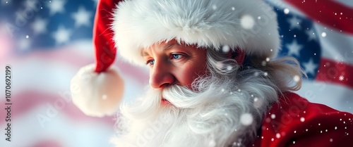 Santa Claus Profile against American Flag: Patriotic Christmas Image