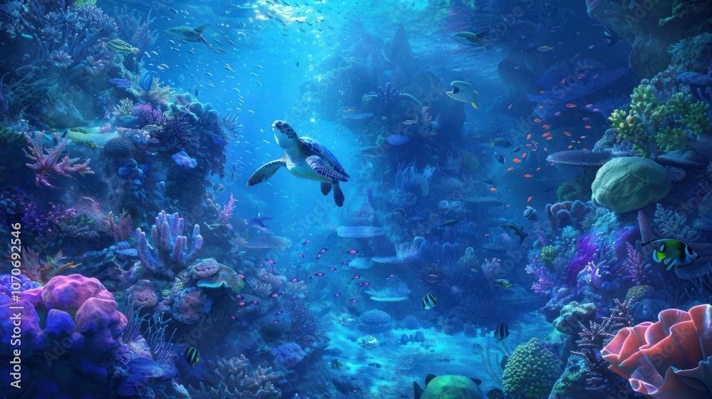 Fototapeta premium coral reefs inhabited by turtles and a variety of marine animals 