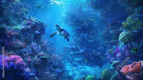coral reefs inhabited by turtles and a variety of marine animals 