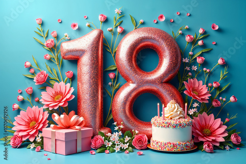 Fototapeta Naklejka Na Ścianę i Meble -  18th birthday card. Large, stylized number 18 with a three-dimensional effect, surrounded by colorful flowers and cake,  decorated with candles.