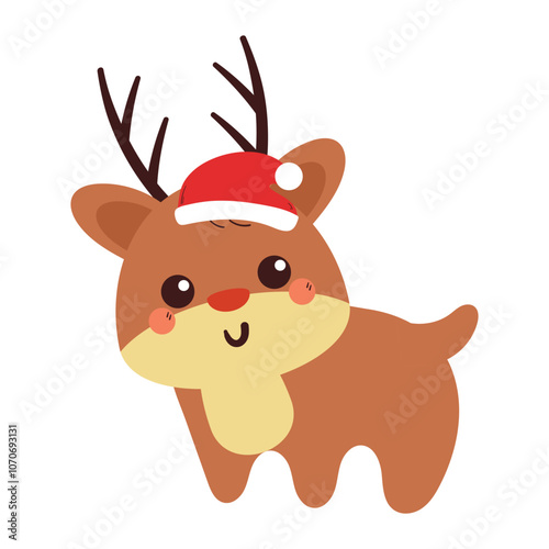 cute drawing cartoon deer with christmas hat in winter day. cute animal doodle for winter sticker, animal icon