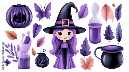 Cute witch halloween watercolor clipart