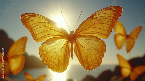 yellow butterflies flying in a sunny sky photo