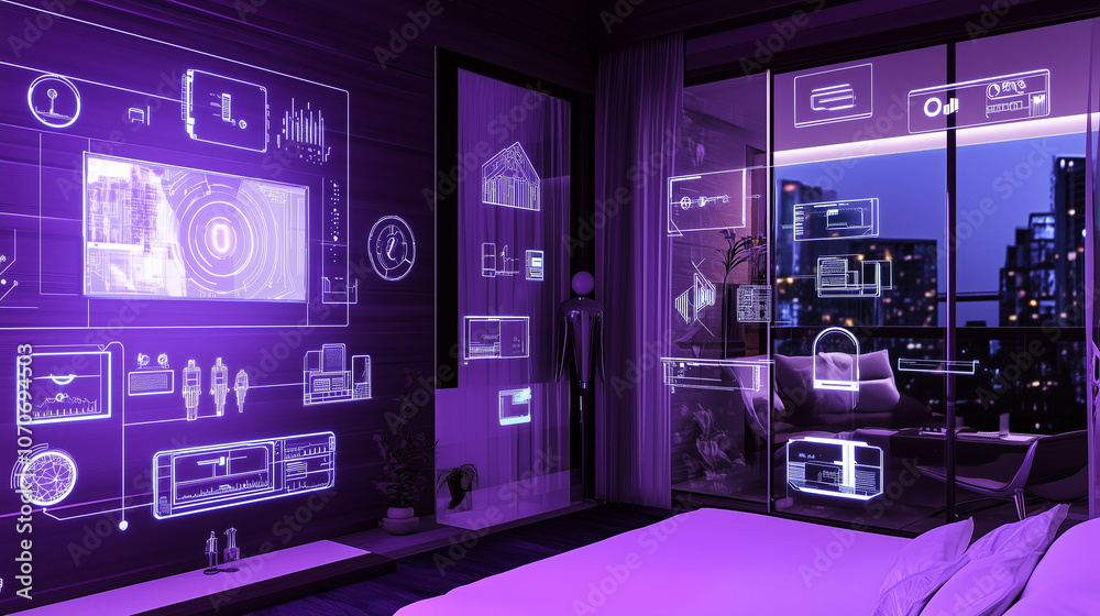 High-Tech Smart Home at Night with Glowing AI Control Panels, Wireframe Neon Connections, Aerial View of Connected Devices & Futuristic Gadgets High-Tech Smart Home at Night with Glowing AI Control Panels, Wireframe Neon Connections, Aerial View of Connected Devices & Futuristic Gadgets