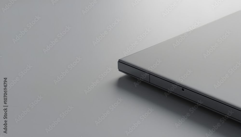 Close-up of a sleek silver laptop edge on a smooth gray background, modern concept with copy space Close-up of a sleek silver laptop edge on a smooth gray background, modern concept with copy space