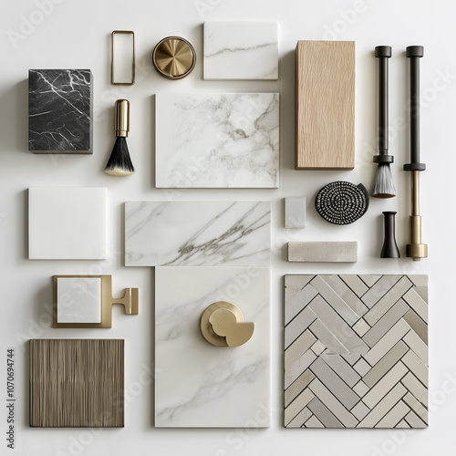 Create a mood board on a white background featuring light natural wood finishes photo