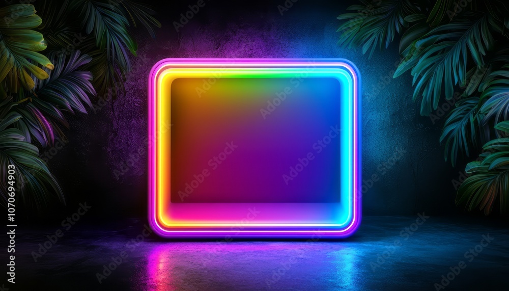 Bright neon frame surrounded by tropical plants in a darkened room at night