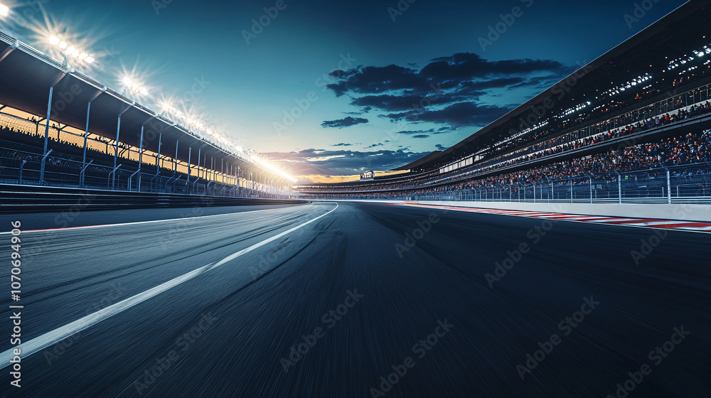 expansive shot of race track corner illuminated by bright lights, showcasing dynamic atmosphere of motorsport during twilight expansive shot of race track corner illuminated by bright lights, showcasing dynamic atmosphere of motorsport during twilight