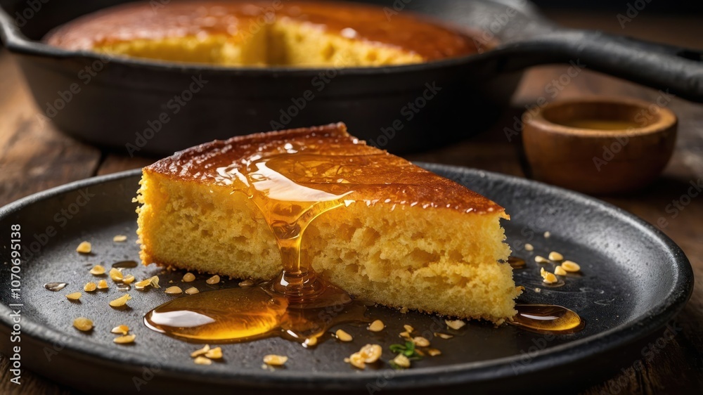 A slice of cake drizzled with syrup on a black plate, highlighting a delicious dessert. A slice of cake drizzled with syrup on a black plate, highlighting a delicious dessert.