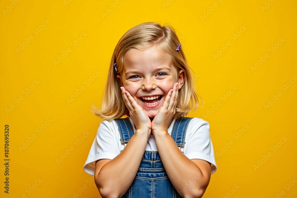 Adorable Smiling Little Girl with Hands on Her Cheeks Against a Bright Yellow Background for a Cheerful and Joyful Portrait Adorable Smiling Little Girl with Hands on Her Cheeks Against a Bright Yellow Background for a Cheerful and Joyful Portrait