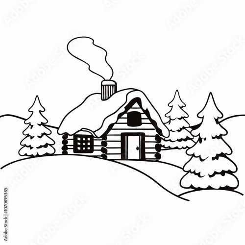 Cozy cabin with smoke rising from chimney in snow