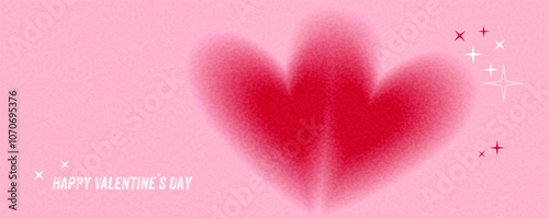 Valentines day greeting card or banner with two hearts that blend together on a pink background with a grainy texture. Happy Valentines day text. Copy space