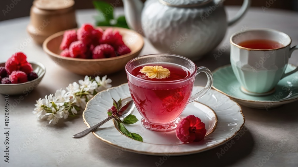 A serene tea setting with raspberry tea, fresh raspberries, and floral accents. A serene tea setting with raspberry tea, fresh raspberries, and floral accents.