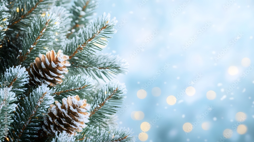 Snow-Covered Pine Branch with Pine Cones and Blurred Lights Snow-Covered Pine Branch with Pine Cones and Blurred Lights