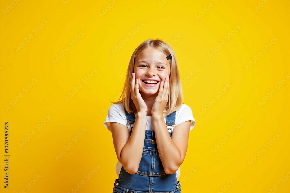 Happy Little Girl with Bright Smile and Hands on Cheeks on Yellow Background for a Fun and Cheerful Child Portrait