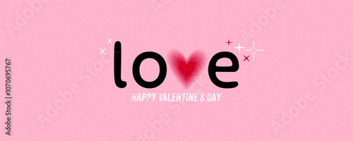 Valentines day greeting card or banner with the word love replacing the letter v with a red heart on pink background. Grainy effect added. Copy space
