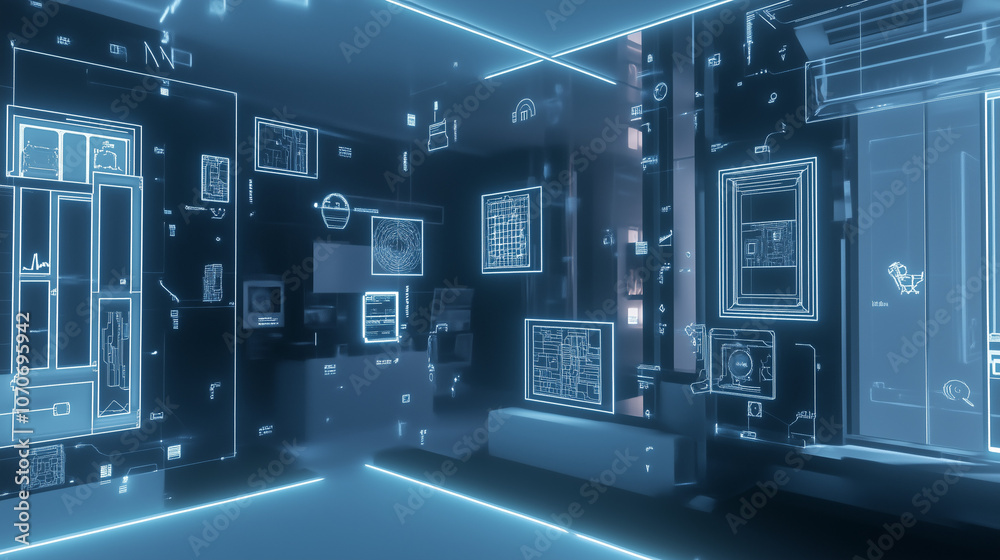 High-Tech Smart Home at Night with Glowing AI Control Panels, Wireframe Neon Connections, Aerial View of Connected Devices & Futuristic Gadgets High-Tech Smart Home at Night with Glowing AI Control Panels, Wireframe Neon Connections, Aerial View of Connected Devices & Futuristic Gadgets