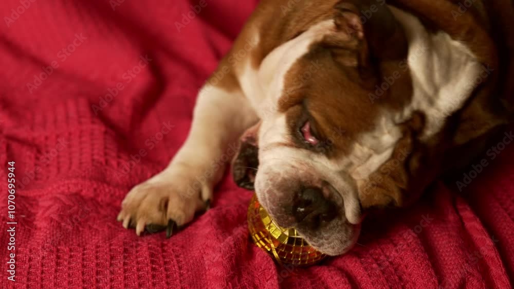 Cute funny bulldog is playing with a Christmas toy. Christmas. New Year. The concept of advertising. suitable for christmas promotion Cute funny bulldog is playing with a Christmas toy. Christmas. New Year. The concept of advertising. suitable for christmas promotion