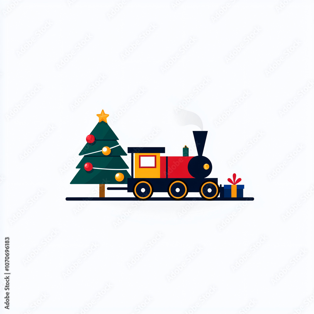 Fototapeta premium Minimalist train engine with Christmas tree and gifts, festive spirit!