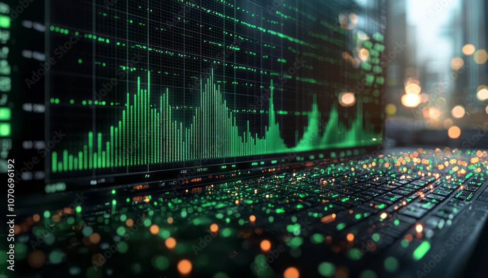 Obraz premium Visual representation of financial data analysis on a laptop with city lights in the background