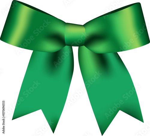 Green ribbon bow decorative element. Isolated shiny green coquette ribbon mockup for Christmas, New year, Birthday, Saint Patrick's Day, Wedding, Holiday or Event decoration. Realistic illustration.