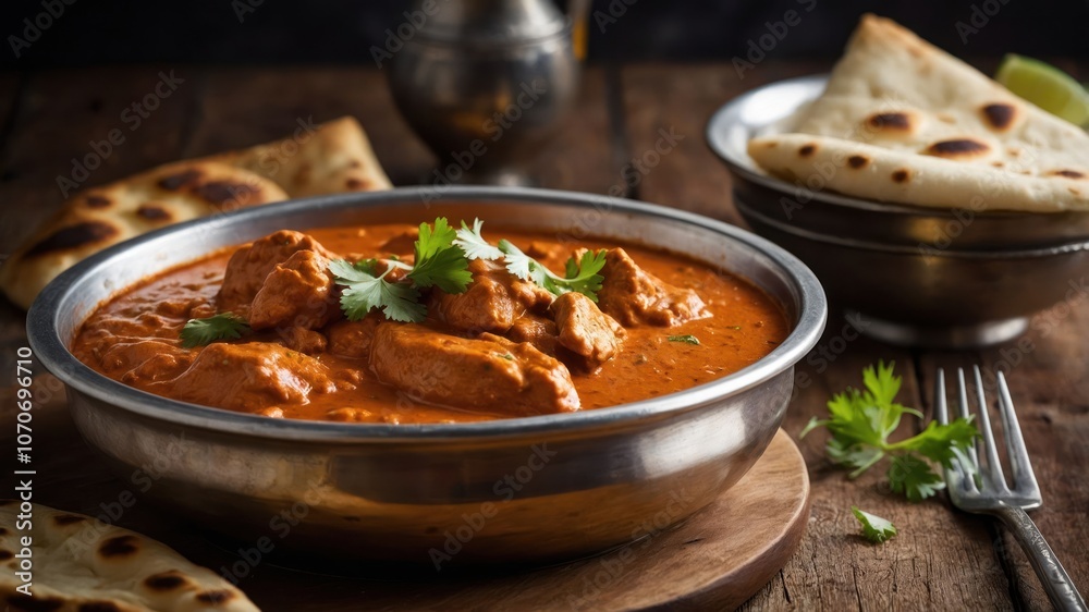 A bowl of creamy chicken curry with naan bread on a rustic wooden table. A bowl of creamy chicken curry with naan bread on a rustic wooden table.