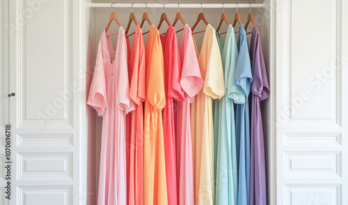 women's multicolored clothes on hangers in the wardrobe, isolated on a white background