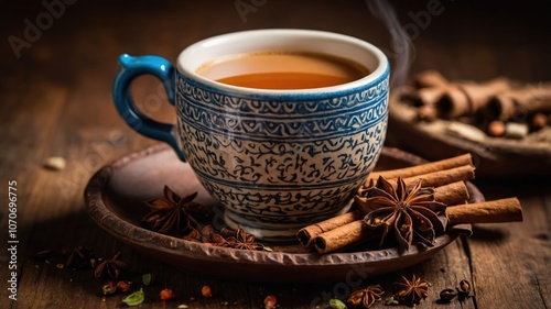 A beautifully crafted cup of tea surrounded by spices on a wooden surface.