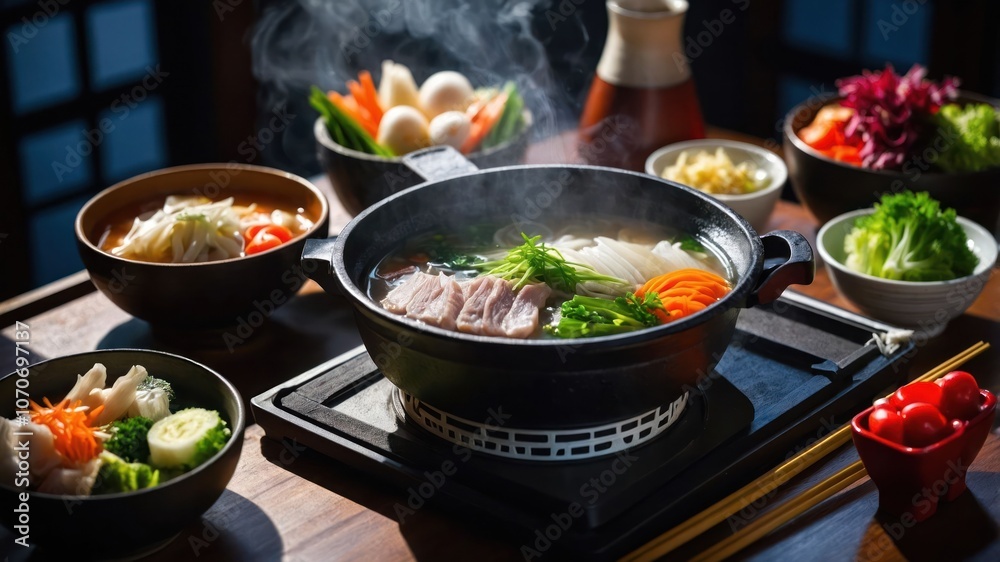 A steaming hot pot meal with fresh vegetables and ingredients, ready for sharing. A steaming hot pot meal with fresh vegetables and ingredients, ready for sharing.
