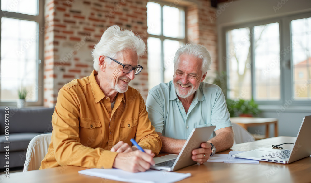 An elderly couple are laughing and looking at the screen of their laptop phone at the table in the living room An elderly couple are laughing and looking at the screen of their laptop phone at the table in the living room
