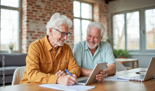 An elderly couple are laughing and looking at the screen of their laptop phone at the table in the living room