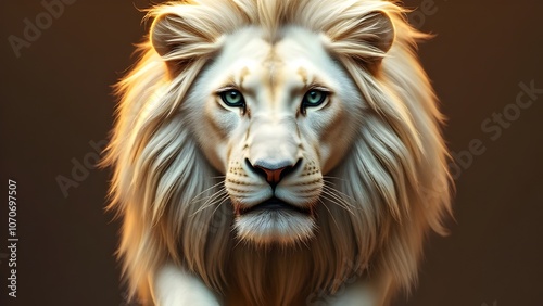 Majestic White Lion Staring Intently Beautiful Eyes Captivating Mane Powerful Presence Wild Animal photo